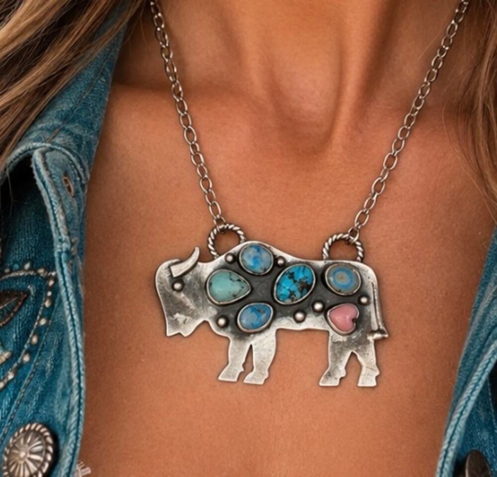 Turquoise Multi Stone Large Buffalo in Sterling Silver with 22" Chain